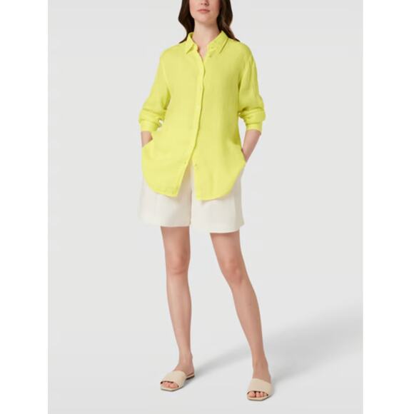 0039 Italy Button Up Shirt XL Yellow Linen Weave Long Sleeve Collared Blouse - Picture 3 of 13